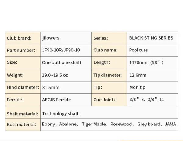 Black Stinger Pool Cue Series Jf10-10 Series - JFlowers Cues & Cases